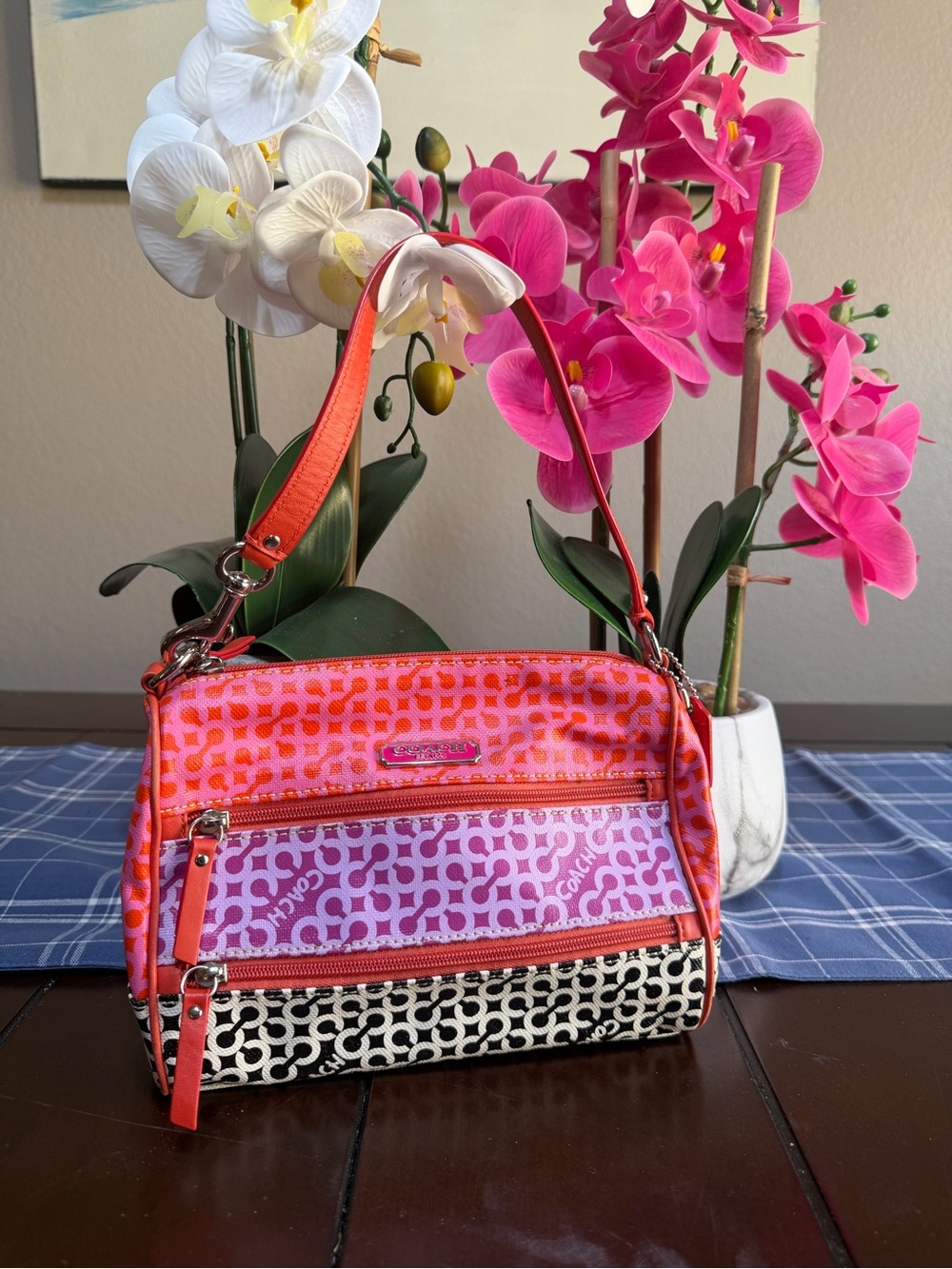 Coach Colorblock Signature Canvas hand bag Orange Pink. RARE